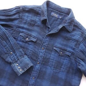 Polo Ralph Lauren Pearl Snap Western Shirt Mens M Blue Plaid Double Gauze Cotton